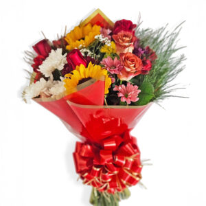 Buquê com 5 rosas 2 girassóis e margaridas
