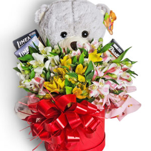 Urso de pelúcia com cachepô com astromélias e chocolates