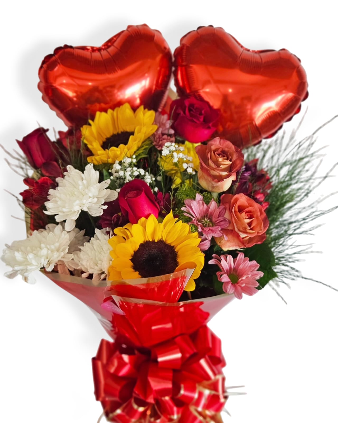 Buquê com girassol, rosas, margaridas e 2 balões
