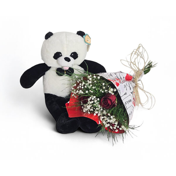 Ursinho panda com mine Buquê 3 rosas